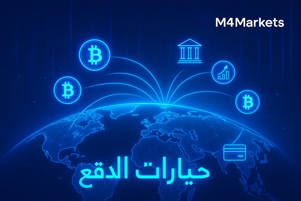 صورة تمثل تدفق عملة البيتكوين العالمية كأداة دفع واستثمار عبر خريطة رقمية متوهجة.
