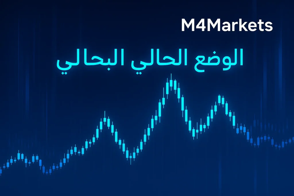 شاشة تحليل مالي رقمية تعرض تقلبات سعر الذهب ومؤشرات السوق، مع النص: الوضع الحالي للسوق.