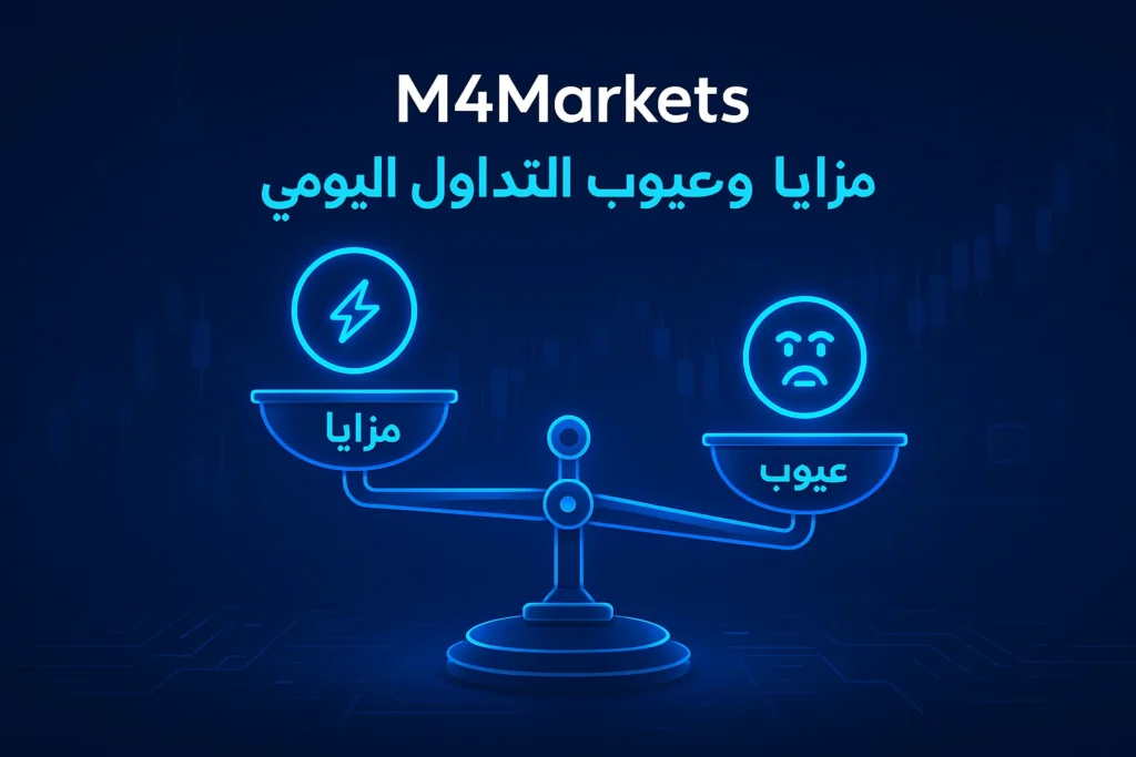 ميزان رقمي يوضح المزايا والعيوب الرئيسية للتداول اليومي، مع رموز نيون للأرباح والمخاطر.