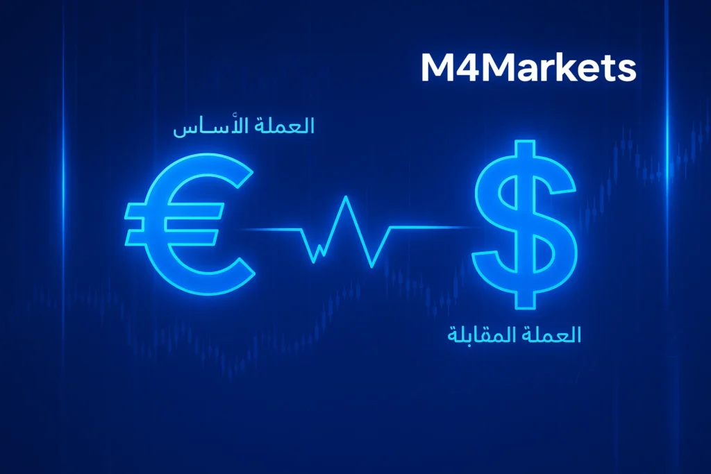صورة رقمية احترافية لزوج EUR/USD، تظهر علامتي اليورو والدولار متصلتين بخطوط نيون، مع تسميات عربية لأدوار العملات.