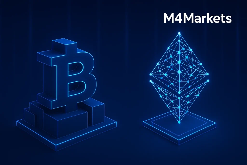 تمثيل هيكلي يوضح الاختلافات الجوهرية بين بنية البيتكوين (صلبة) والإيثيريوم (شبكية).
