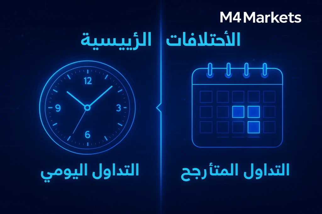 صورة توضح الاختلافات الرئيسية في الإطار الزمني بين التداول اليومي (ساعات) والتداول المتأرجح (أيام) بأسلوب رقمي.