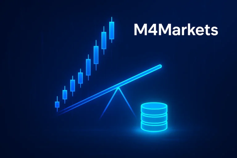 صورة عالية التقنية تمثل مفهوم الرافعة المالية في التداول، تظهر رسماً بيانياً مضيئاً ورمزاً يمثل مضاعفة رأس المال على خلفية زرقاء داكنة مع شعار M4Markets.