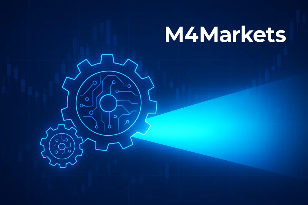 رسم بياني رقمي يوضح آلية عمل الرافعة المالية، حيث يظهر مدخل صغير يقود إلى نتيجة أكبر بكثير، مع شعار M4Markets.