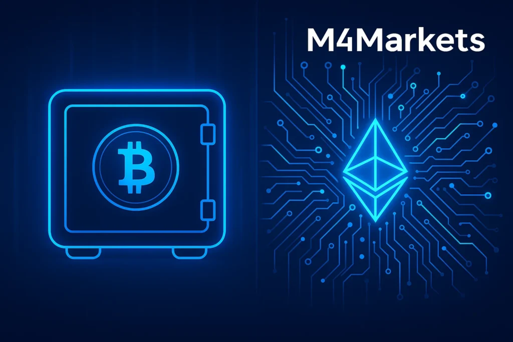 تصوير لوظائف البيتكوين (خزن القيمة) والإيثيريوم (العقود الذكية) ضمن نظام رقمي