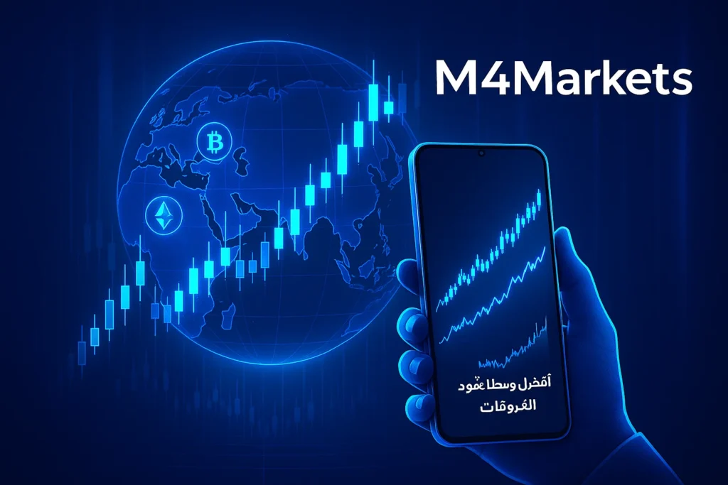 صورة رقمية عالية التقنية لأسواق عقود الفروقات للعملات المشفرة، مع التركيز على النمو في منطقة الشرق الأوسط وشمال أفريقيا، وتظهر رسوما بيانية على هاتف ذكي، وشعار M4Markets في الزاوية.