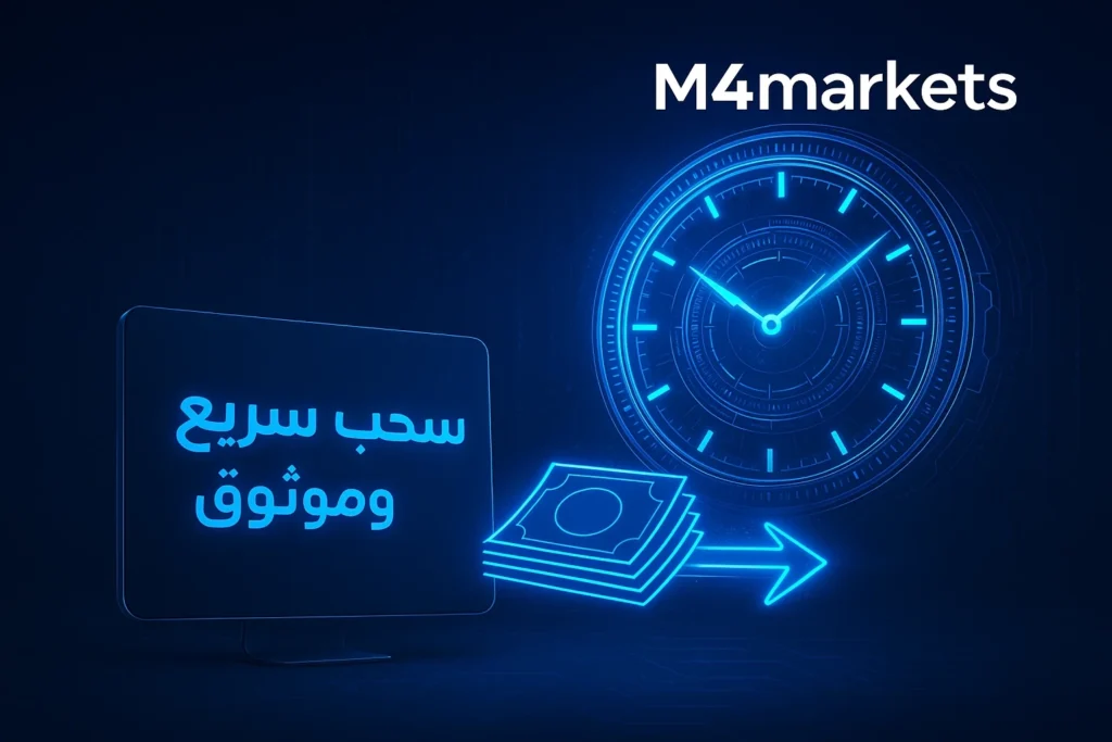 صورة احترافية تجسد السحب الفوري لأموال الفوركس في المنطقة العربية، مع ساعة رقمية ترمز للسرعة وعبارة M4markets.