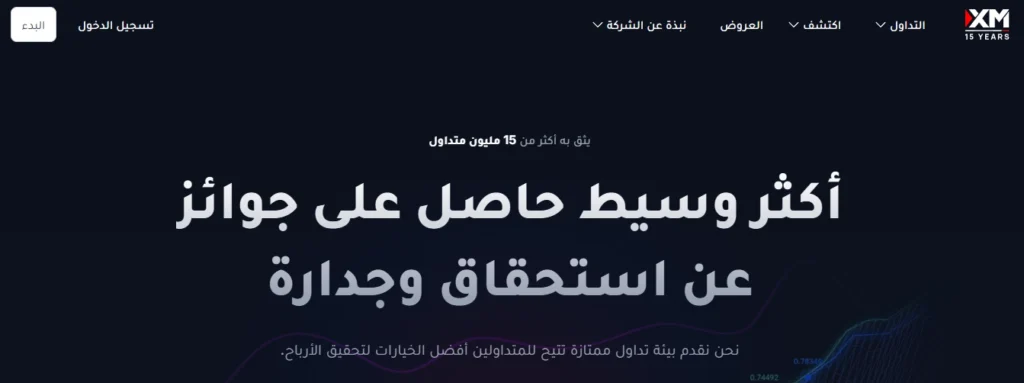  شعار XM Group مع عناصر رسوم بيانية توضح التزام الوسيط بعدم إعادة التسعير والبرامج التعليمية.