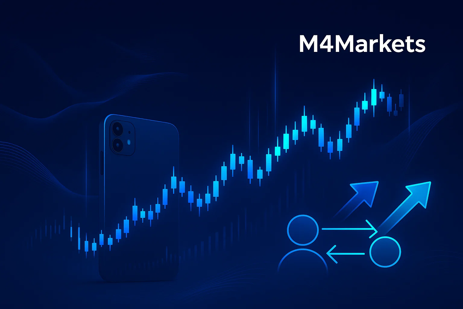빛나는 파란색 시장 차트와 우측 상단의 M4Markets 로고가 있는 CFD 거래를 개념화한 첨단 기술의 미래 지향적 이미지.