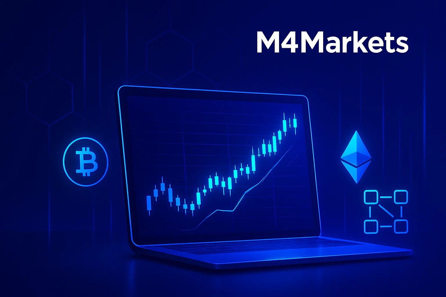 첨단 기술이 적용된 미래 지향적인 암호화폐 거래 일러스트. 짙은 파란색 배경, 네온 차트 및 블록체인 요소.