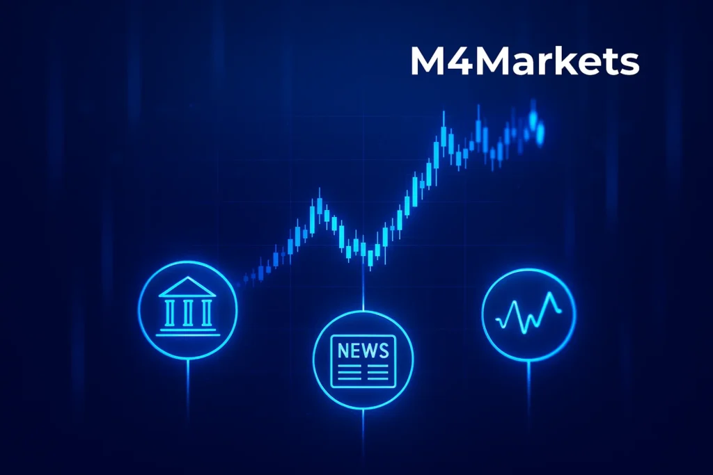 중앙 은행 정책, 뉴스 및 시장 변동성과 같이 통화 가격에 영향을 미치는 요소를 나타내는 이미지.