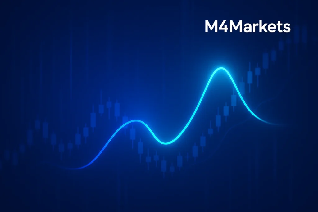 짙은 파란색 배경에서 가격 변동 차이를 나타내는 두 개의 빛나는 라인을 특징으로 하는 CFD 작동 방식을 보여주는 미래 지향적인 시각화.