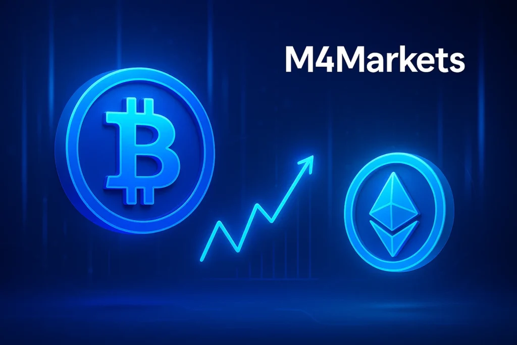네온 블루 배경 위에 CFD 거래 그래프와 함께 떠다니는 빛나는 BTC 및 ETH 기호 등 주요 암호화폐 거래 자산을 보여주는 일러스트. M4Markets 로고 포함.