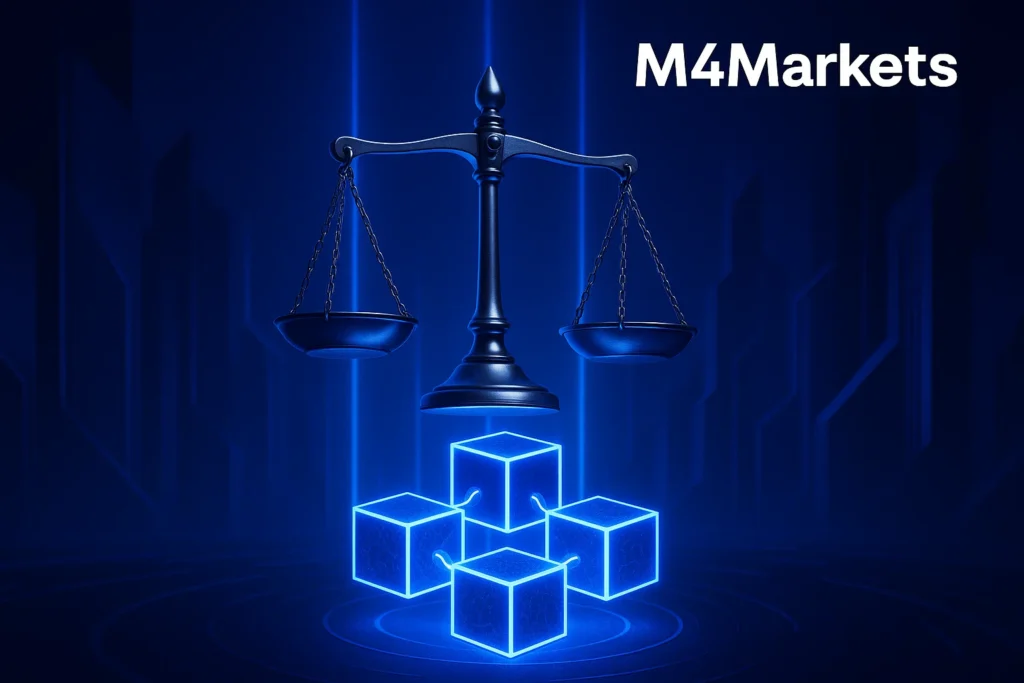 암호화폐 규제와 법적 균형을 표현한 디지털 저울과 블록체인 구조 이미지.