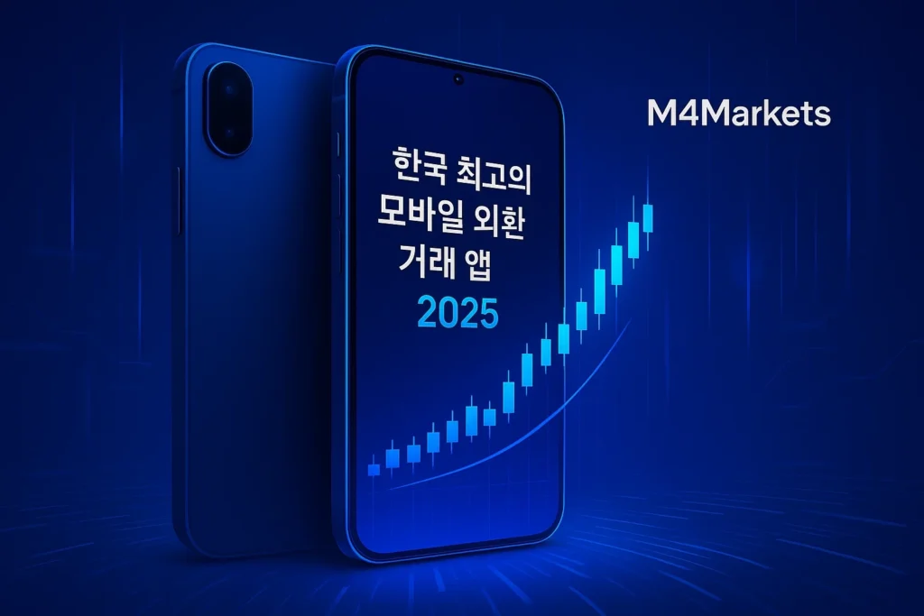 한국 최고의 모바일 외환 거래 앱 2025를 보여주는 미래지향적인 이미지. 깨끗한 스마트폰 화면에 거래 차트와 M4Markets 로고가 표시됩니다.