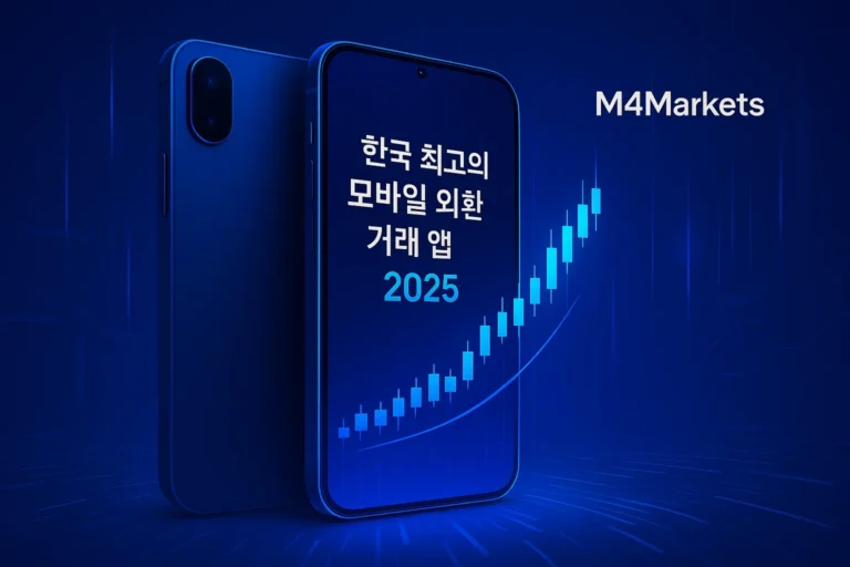 한국 최고의 모바일 외환 거래 앱 2025를 보여주는 미래지향적인 이미지. 깨끗한 스마트폰 화면에 거래 차트와 M4Markets 로고가 표시됩니다.