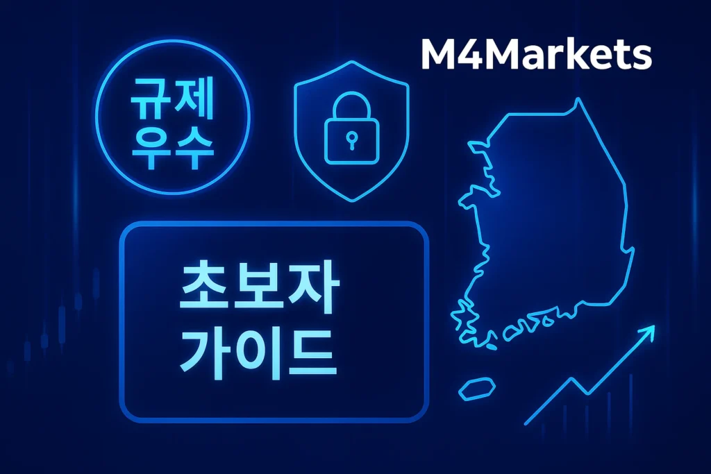 한국 초보자를 위한 규제된 CFD 브로커를 강조하는 미래 지향적인 이미지. 네온 불빛과 보안 방패가 안전한 거래 환경을 상징합니다.