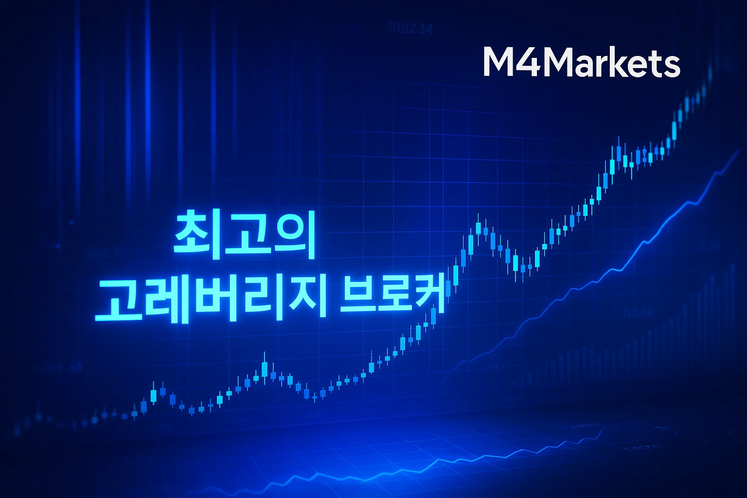 한국 최고의 고레버리지 브로커를 나타내는 푸른색, 첨단 기술 스타일의 금융 거래 화면. 차트와 함께 'M4Markets' 로고가 보임.