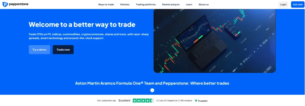 Pepperstone의 Raw Pricing 옵션과 투명한 거래 비용을 강조하는 디지털 데이터 그래프.