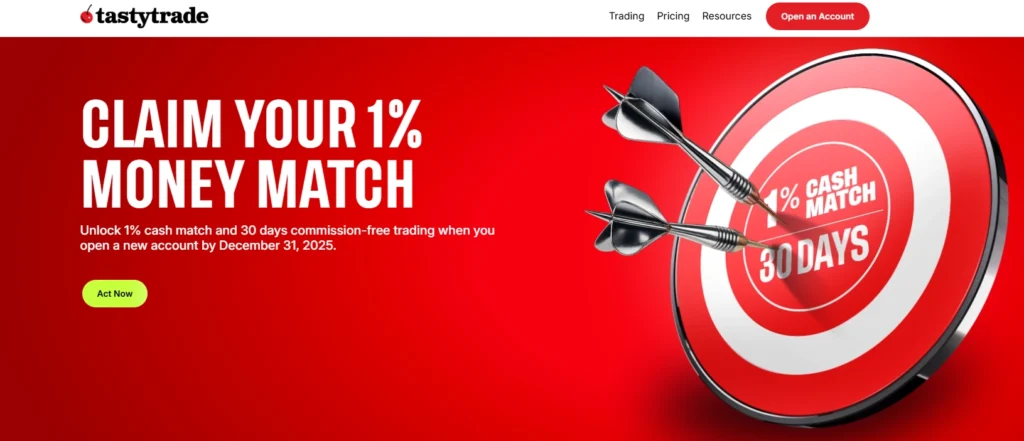 tastytrade 플랫폼에서 옵션 및 주식 거래를 준비하며 교육 콘텐츠를 확인하는 모습.