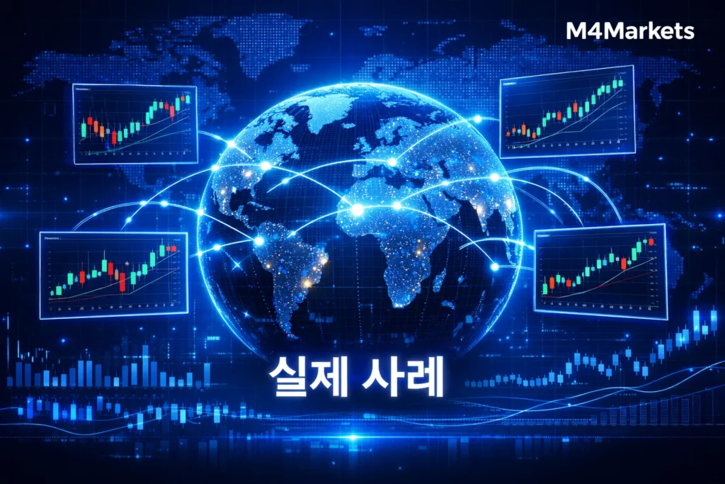 외환 및 지수 시장에서 발생한 대칭 삼각형 패턴의 실제 사례를 분석하는 글로벌 데이터 시각화.