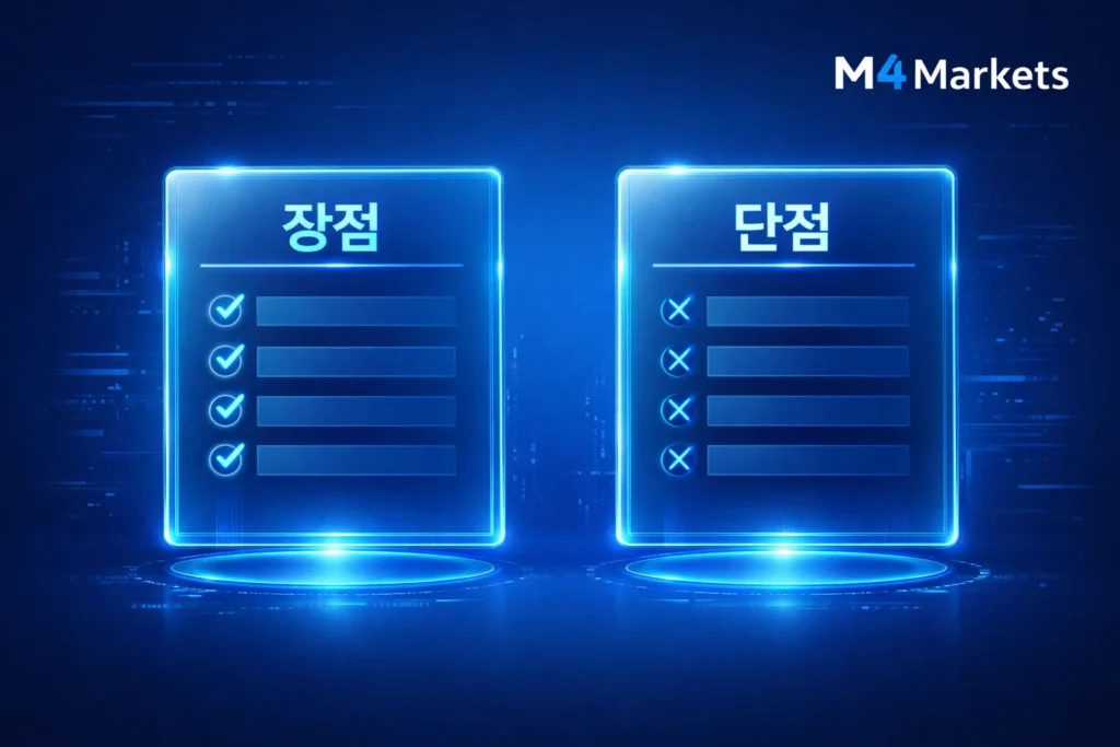 FxPro 플랫폼의 장점과 단점을 비교 분석하는 세련된 홀로그램 스타일의 디지털 이미지.