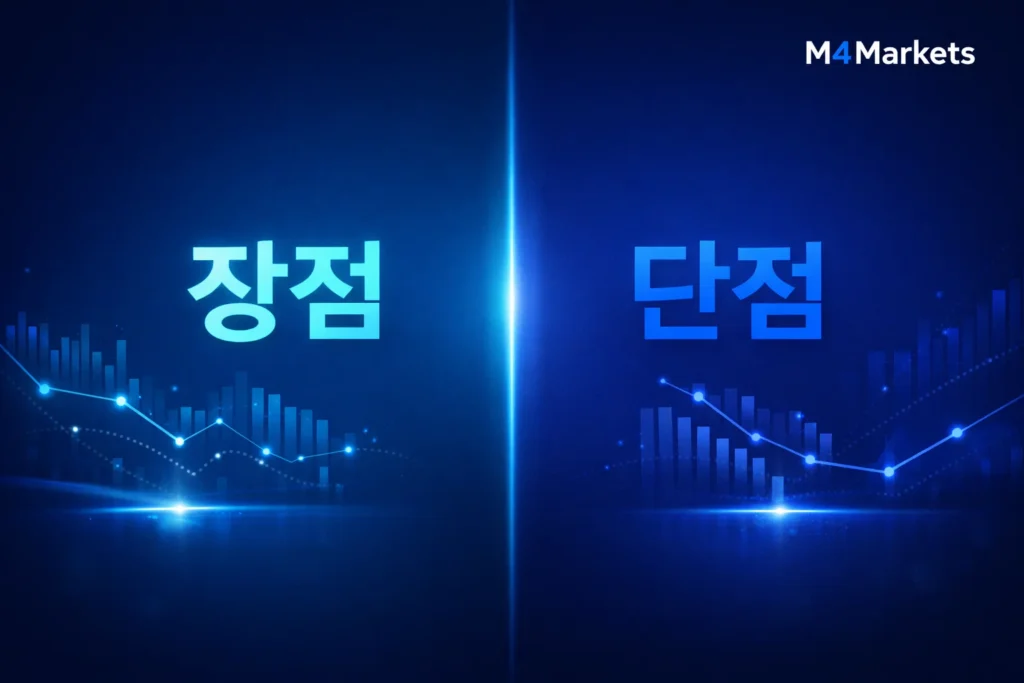 XM 플랫폼의 주요 장점과 단점을 시각적으로 비교 분석한 현대적인 금융 디자인.