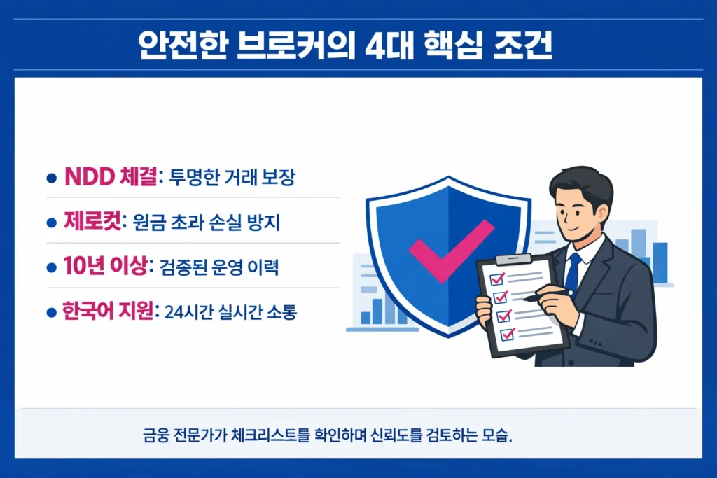 안전한 해외 FX 및 CFD 브로커 선택을 위한 NDD 체결, 제로컷, 운영 이력, 한국어 지원 등 4가지 핵심 신뢰 조건 인포그래픽.