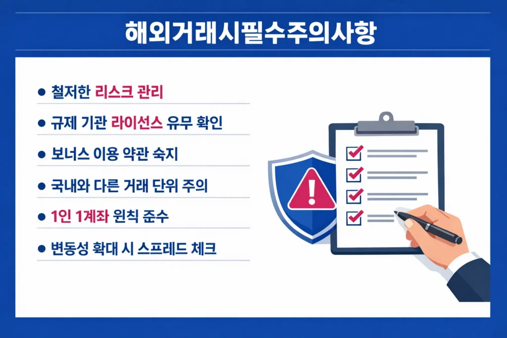 해외 FX 및 CFD 거래 시 리스크 관리, 라이선스 확인 등 트레이더가 반드시 알아야 할 주의사항 체크리스트.