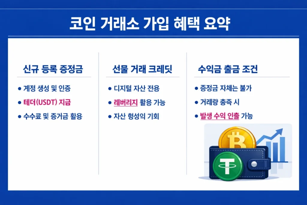 외환 트레이더를 위한 암호화폐 거래소 가입 증정금 및 선물 거래 크레딧 활용 가이드 인포그래픽.