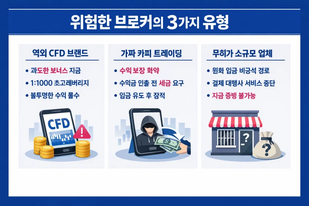 문제가 발생하는 위험한 브로커의 세 가지 유형인 역외 브랜드, 가짜 카피 트레이딩, 무허가 소규모 업체를 비교 분석한 인포그래픽.