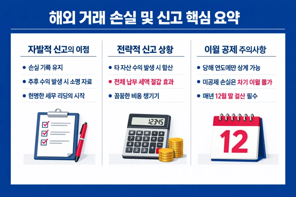 해외 외환 거래 손실 신고의 필요성, 전략적 활용 방법 및 이월 공제 제한 사항을 세 가지 블록으로 설명하는 안내 이미지입니다.