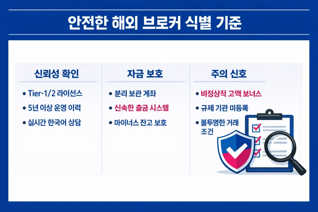 안전한 해외 FX 브로커 선택을 위한 라이선스, 자금 보호, 주의 사항 등 3가지 핵심 식별 기준 인포그래픽.