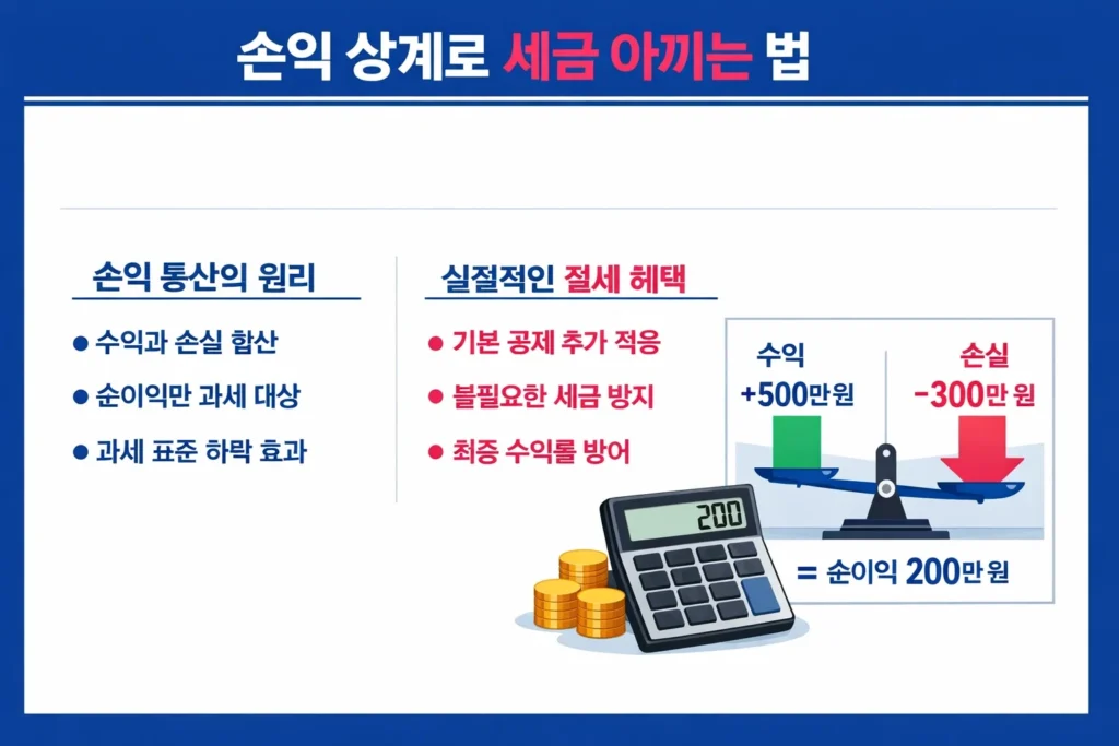 해외 외환 거래의 이익과 손실을 합산하여 과세 표준을 낮추고 실질적인 세금을 절감하는 원리를 설명하는 인포그래픽입니다.