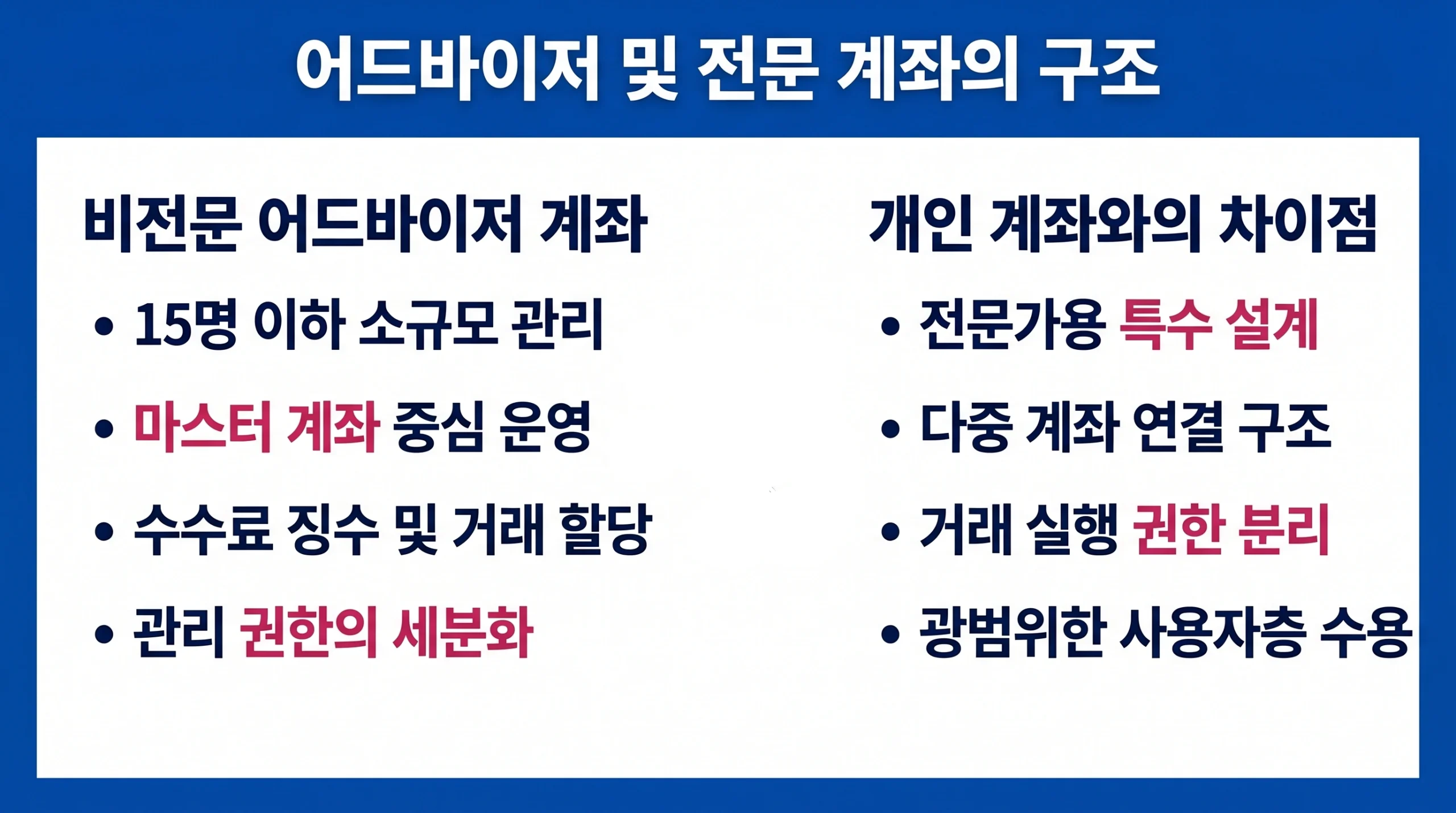 비전문 어드바이저 계좌와 개인 계좌의 구조적 차이를 마스터 계좌와 권한 분리를 중심으로 비교한 인포그래픽.
