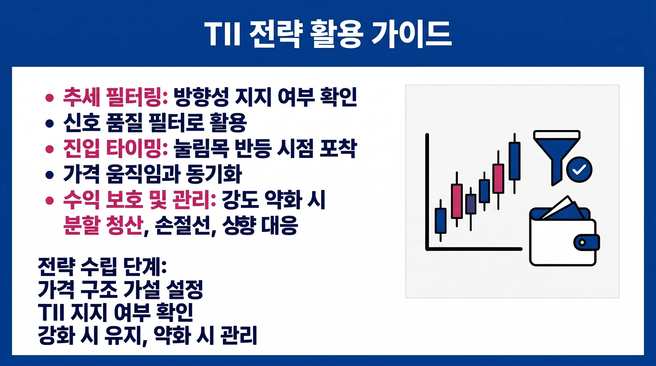 추세 확인 필터링, 눌림목 진입 타이밍 포착, 수익 보호를 위한 청산 계획 등 TII 지표의 핵심 활용 전략 요약.
