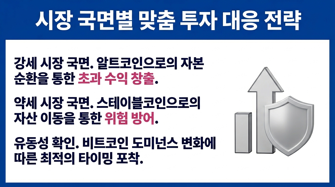 비트코인 시장 국면별 투자 대응 전략과 리스크 관리 방법을 보여주는 이미지.