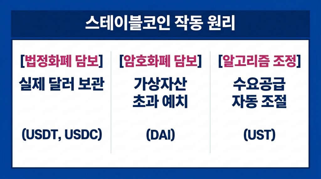 스테이블코인 작동 원리와 담보 알고리즘 방식을 비교한 인포그래픽. 