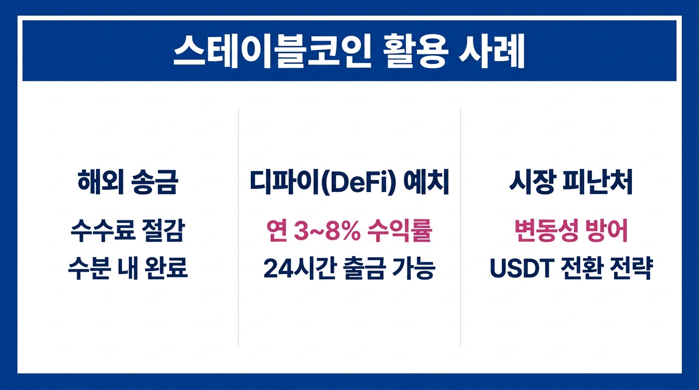 스테이블코인 활용 사례와 해외송금 디파이 시장 피난처 전략을 설명하는 이미지.