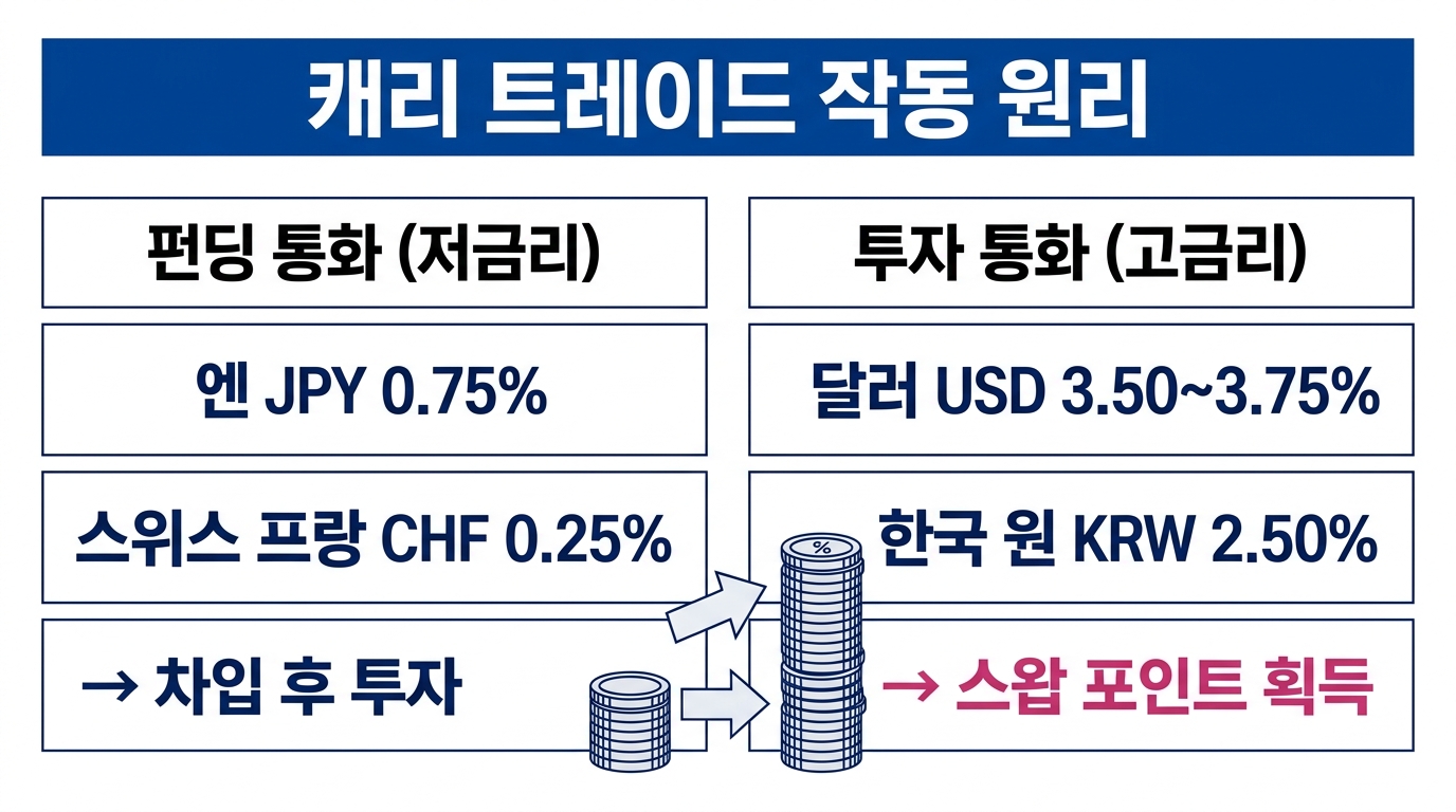 저금리 통화로 자금을 조달해 고금리 통화에 투자하는 캐리 트레이드의 작동 원리와 스왑 포인트 수익 구조를 시각화한 금융 인포그래픽.