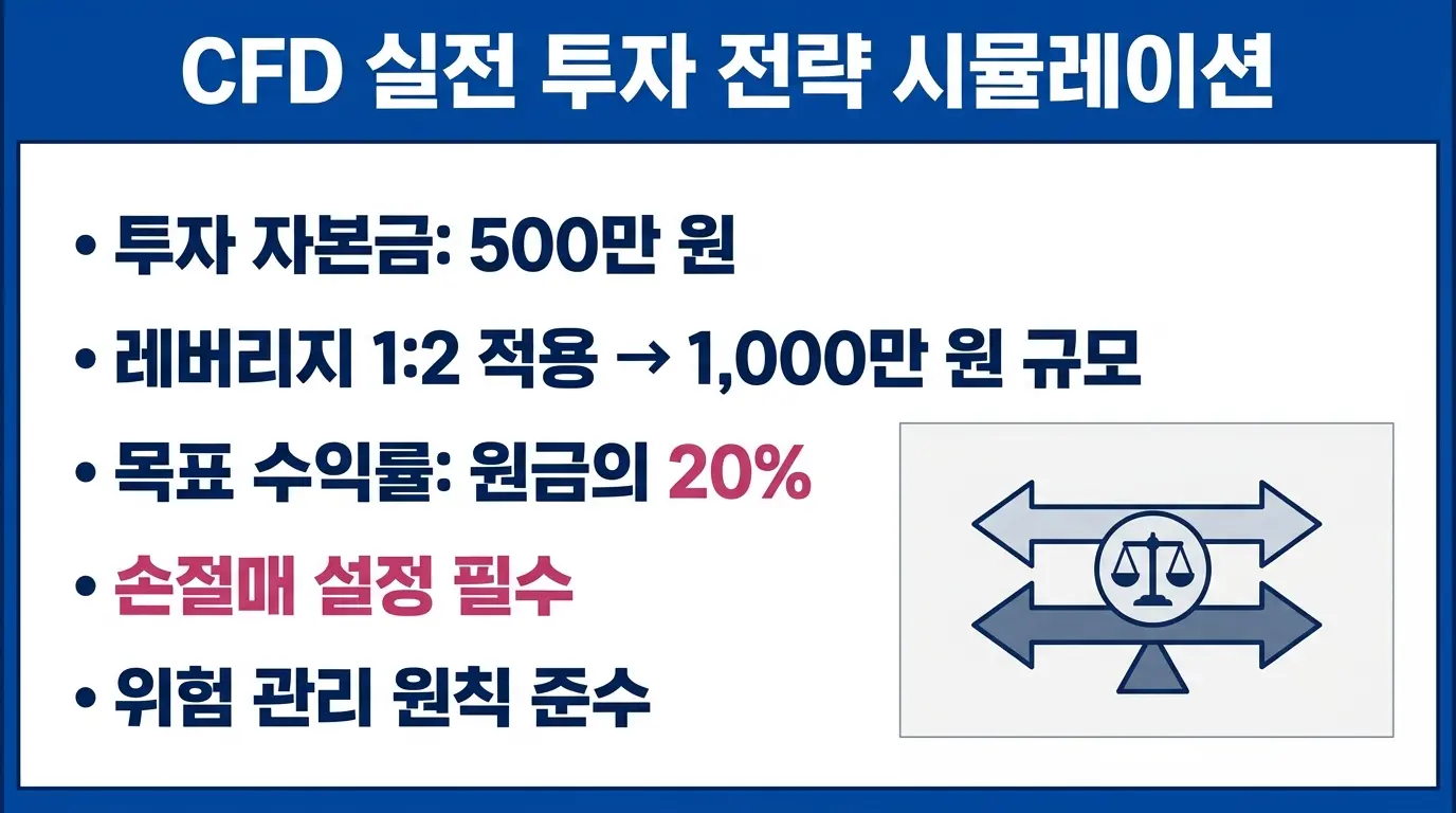 차액결제거래 CFD 활용법을 단계별로 설명하는 투자 전략 인포그래픽 에디토리얼 일러스트레이션.