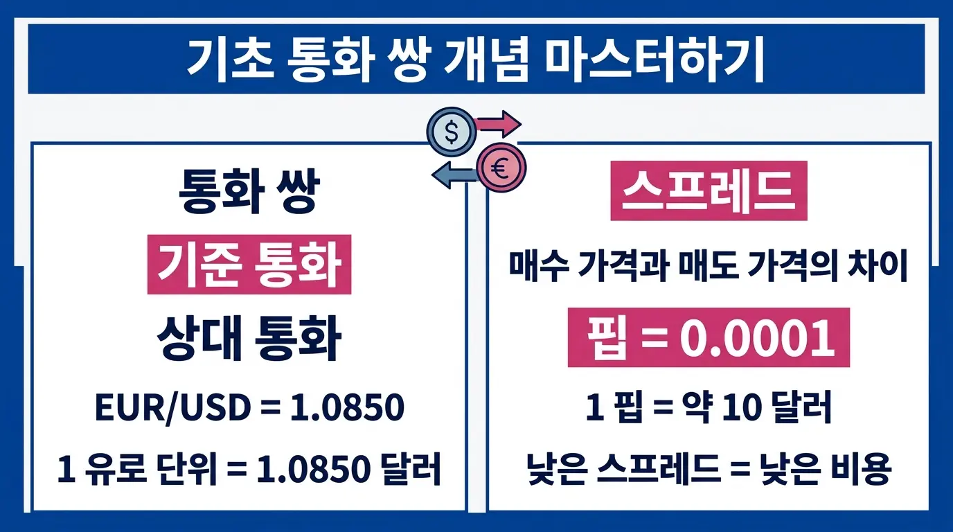 외환 거래의 기초 개념인 통화 쌍, 기준 통화, 상대 통화, 스프레드, 핍의 의미를 시각적으로 설명한 인포그래픽.
