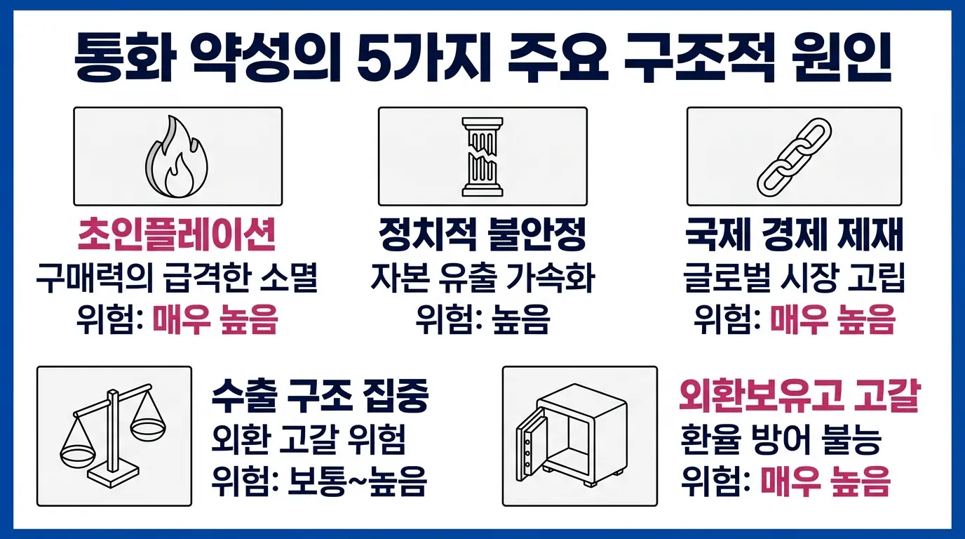 통화 약세를 유발하는 초인플레이션, 정치 불안, 경제 제재 등 구조적 요인을 정리한 외환 분석 인포그래픽. 