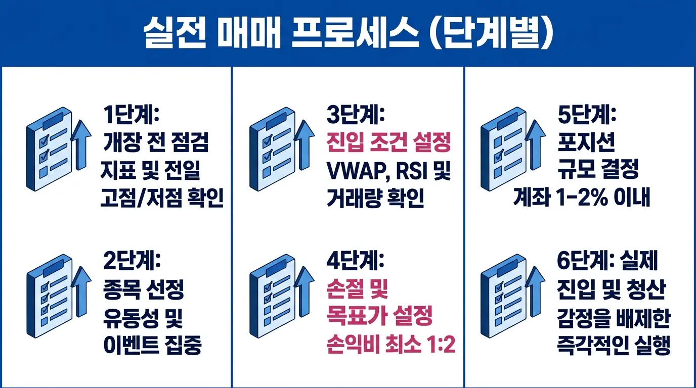 데이 트레이딩 단계별 실전 매매 프로세스 인포그래픽 — 시장 점검부터 거래 일지 기록까지 9단계 실행 순서를 시각화한 금융 편집 이미지. 