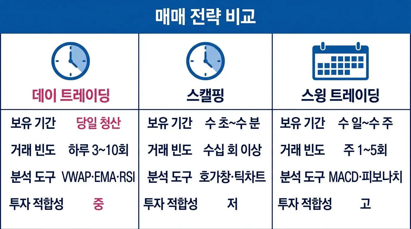 데이 트레이딩과 스캘핑·스윙 트레이딩 전략 비교 인포그래픽 — 보유 기간, 거래 빈도, 주요 지표, 초보자 적합성을 한눈에 정리한 금융 편집 이미지. 
