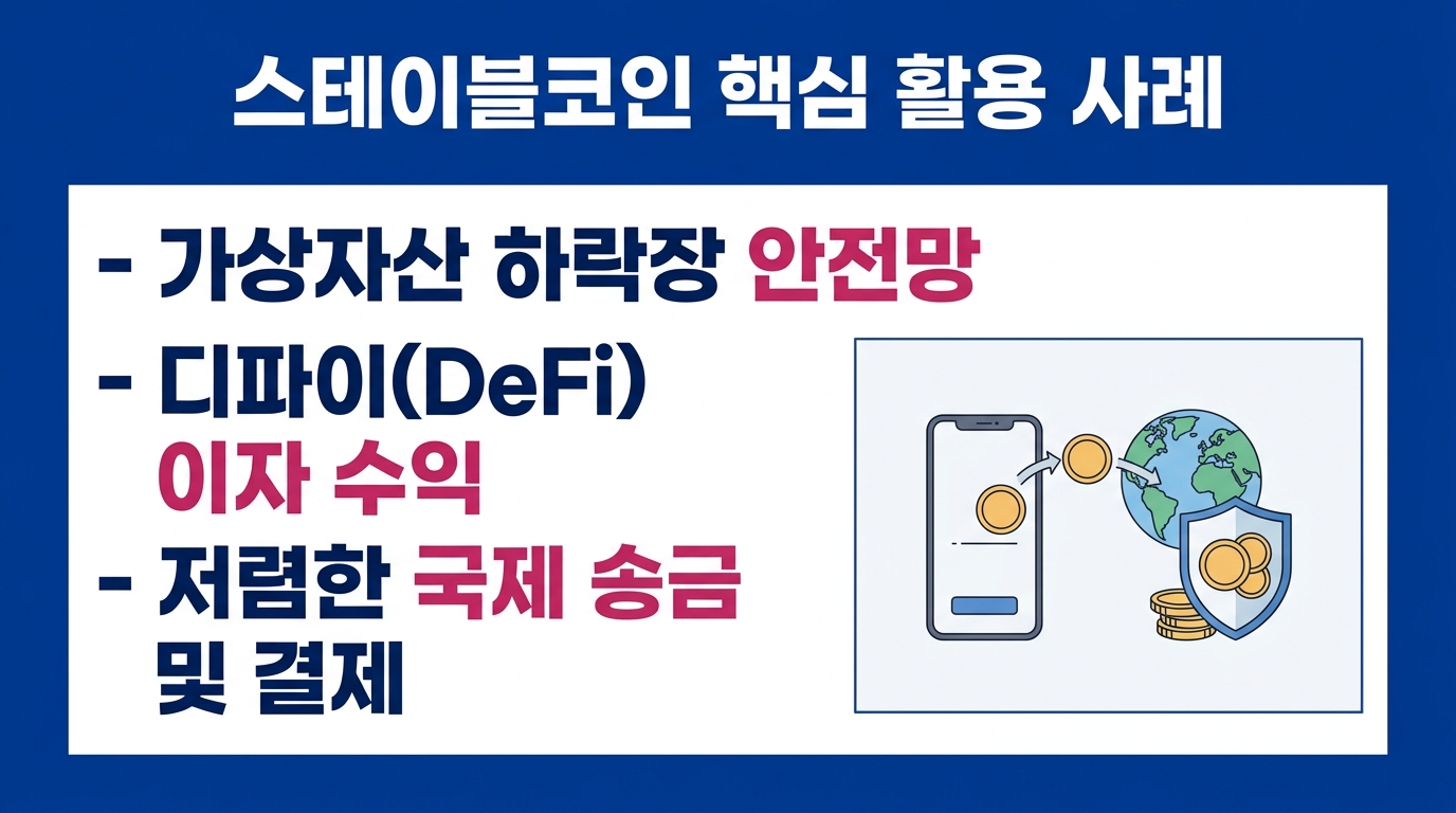 스테이블코인 활용 사례와 디파이 국제송금 전략을 설명한 인포그래픽. 