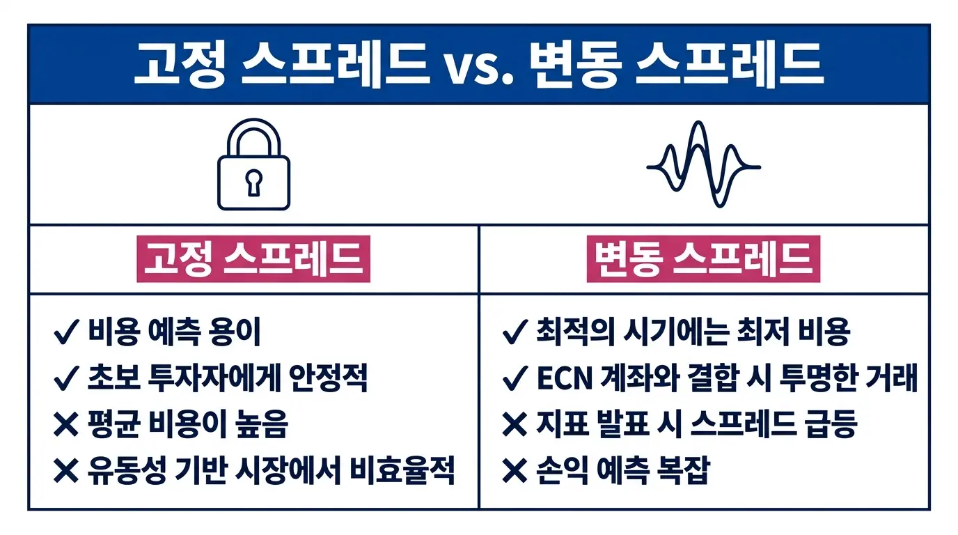고정 스프레드와 변동 스프레드의 장단점을 비교한 외환 거래 유형 안내 그래픽으로, 투자 전략 선택에 도움을 줍니다.