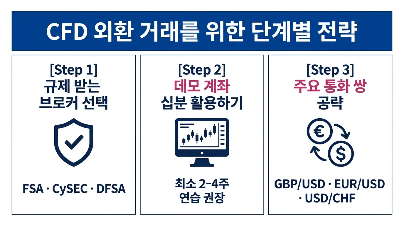 강세 통화를 활용한 CFD 외환 거래 전략과 단계별 실전 가이드를 시각화한 금융 인포그래픽으로, 초보 투자자를 위한 핵심 내용을 정리합니다.
