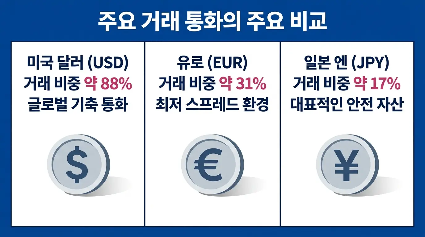 외환 시장 주요 통화인 USD, EUR, JPY, GBP, AUD, CAD의 거래 비중과 특징을 비교한 인포그래픽.