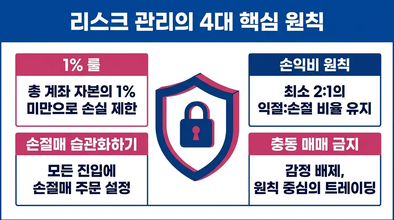 외환 트레이딩에서 자본을 보호하기 위한 핵심 리스크 관리 원칙을 설명하는 금융 인포그래픽.